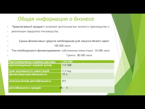 Общая информация о бизнесе Предлагаемый продукт: основной деятельностью является производство