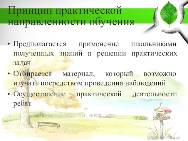 Принцип практической направленности обучения Предполагается применение школьниками полученных знаний в