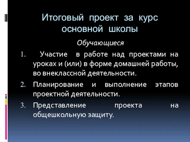 Итоговый проект за курс основной школы Обучающиеся Участие в работе