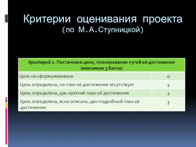 Критерии оценивания проекта (по М.А.Ступницкой)