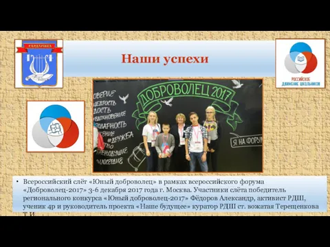 Наши успехи Всероссийский слёт «Юный доброволец» в рамках всероссийского форума «Доброволец-2017» 3-6 декабря
