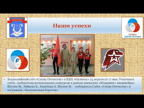Наши успехи Всероссийский слёт «Служу Отечеству» в ВДЦ «Орлёнок» 25 апреля по 17