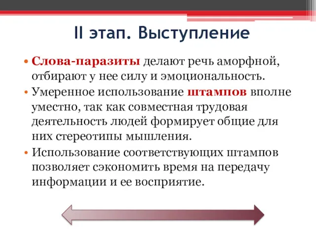 II этап. Выступление Слова-паразиты делают речь аморфной, отбирают у нее