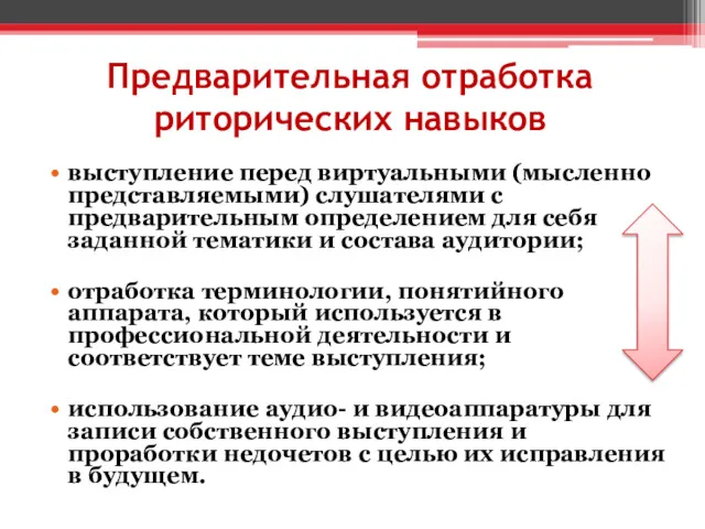 Предварительная отработка риторических навыков выступление перед виртуальными (мысленно представляемыми) слушателями