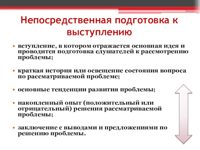 Непосредственная подготовка к выступлению вступление, в котором отражается основная идея