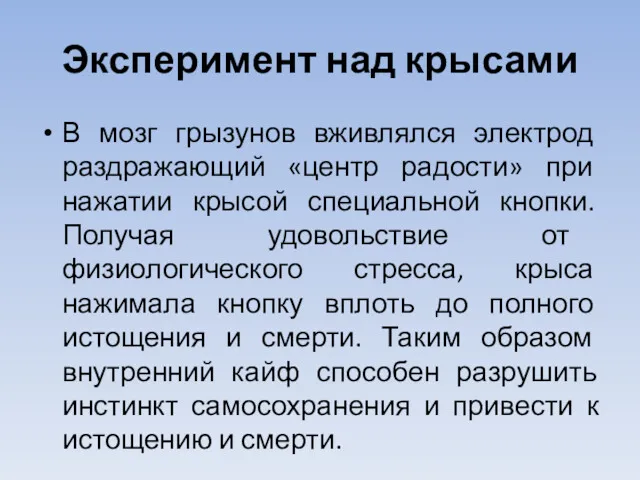 Эксперимент над крысами В мозг грызунов вживлялся электрод раздражающий «центр