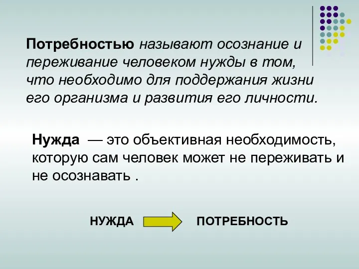 Потребностью называют осознание и переживание человеком нужды в том, что