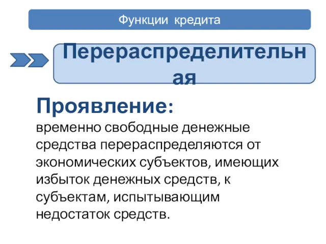 Функции кредита Перераспределительная Проявление: временно свободные денежные средства перераспределяются от