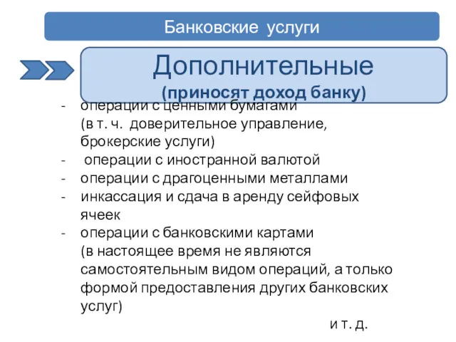 Банковские услуги Дополнительные (приносят доход банку) операции с ценными бумагами