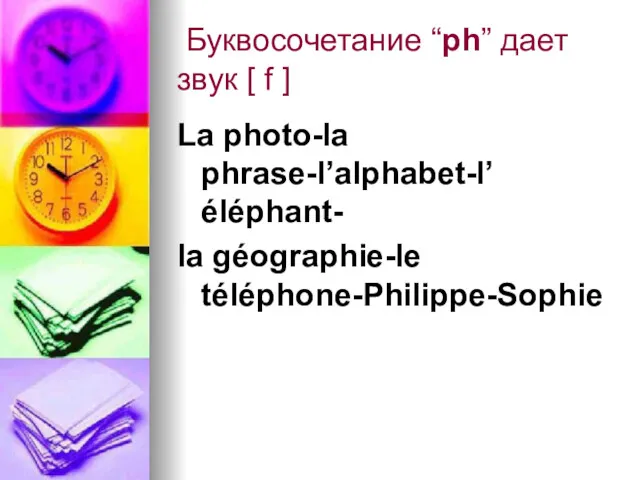 Буквосочетание “ph” дает звук [ f ] La photo-la phrase-l’alphabet-l’éléphant- la géographie-le téléphone-Philippe-Sophie