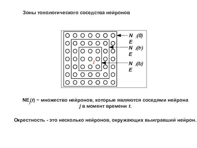 Зоны топологического соседства нейронов j NE j (0) NE j