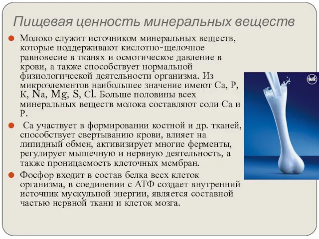 Пищевая ценность минеральных веществ Молоко служит источником минеральных веществ, которые