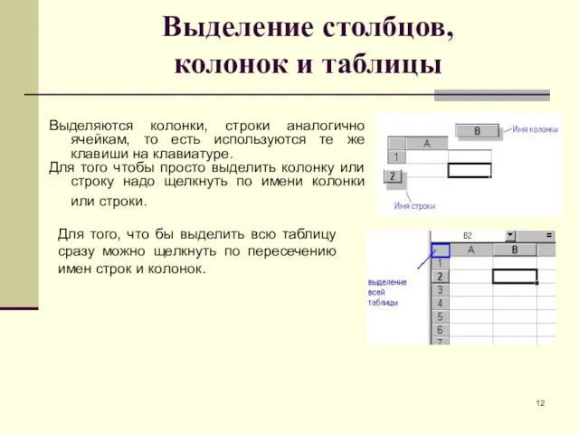 Выделение столбцов, колонок и таблицы Выделяются колонки, строки аналогично ячейкам,