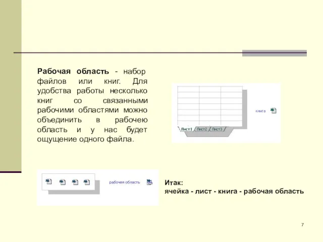 Рабочая область - набор файлов или книг. Для удобства работы