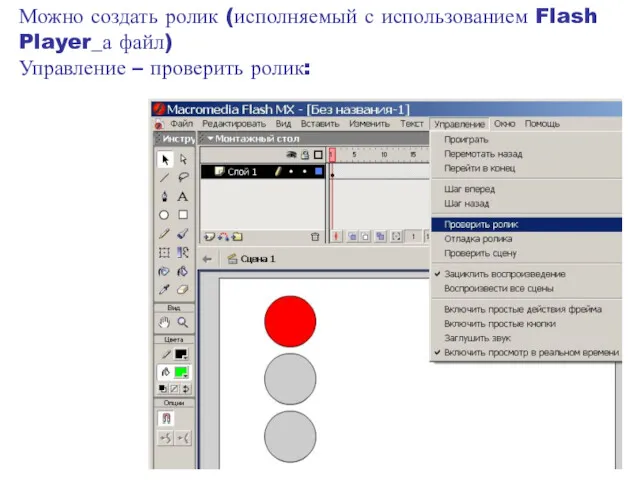 Можно создать ролик (исполняемый с использованием Flash Player_а файл) Управление – проверить ролик: