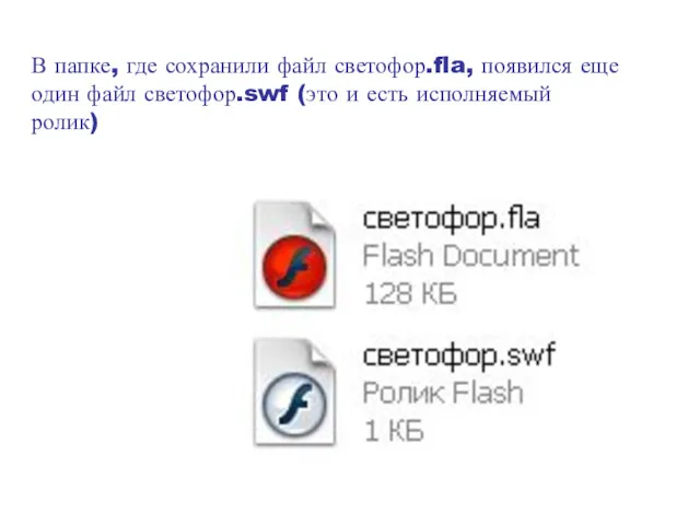 В папке, где сохранили файл светофор.fla, появился еще один файл светофор.swf (это и есть исполняемый ролик)