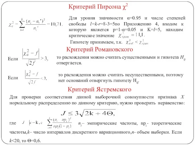 Критерий Романовского Если то расхождения можно считать существенными и гипотеза