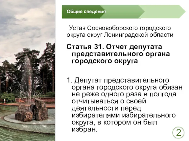 Статья 31. Отчет депутата представительного органа городского округа 1. Депутат