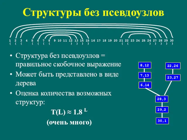 Структуры без псевдоузлов Структура без псевдоузлов = правильное скобочное выражение