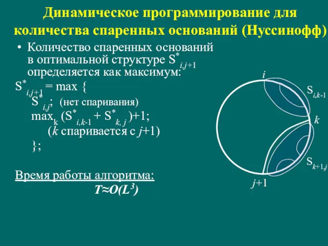 Динамическое программирование для количества спаренных оснований (Нуссинофф) Количество спаренных оснований