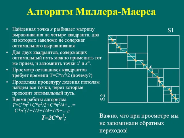 Алгоритм Миллера-Маерса Найденная точка x разбивает матрицу выравнивания на четыре