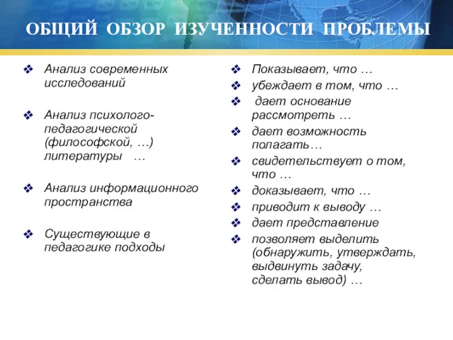 ОБЩИЙ ОБЗОР ИЗУЧЕННОСТИ ПРОБЛЕМЫ Анализ современных исследований Анализ психолого-педагогической (философской,