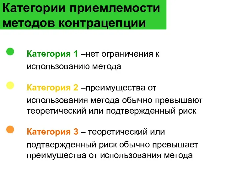 Категории приемлемости методов контрацепции Категория 1 –нет ограничения к использованию