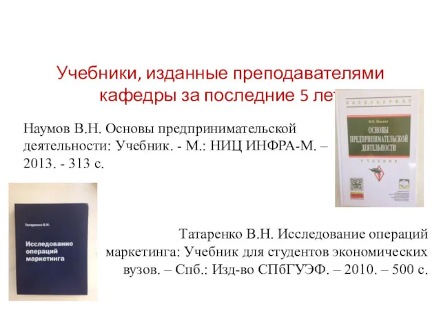 Учебники, изданные преподавателями кафедры за последние 5 лет Наумов В.Н. Основы предпринимательской деятельности: