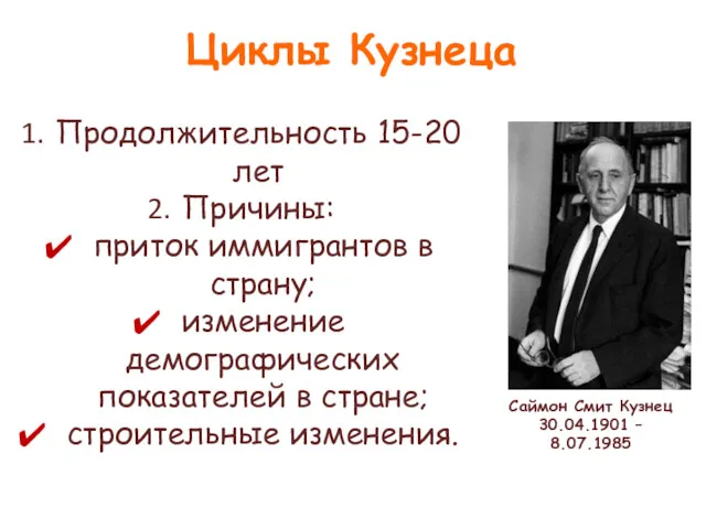 Циклы Кузнеца Продолжительность 15-20 лет Причины: приток иммигрантов в страну;