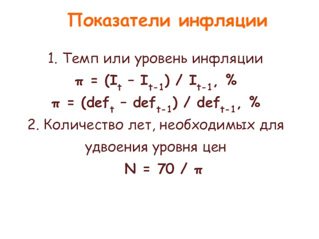 1. Темп или уровень инфляции π = (It – It-1)