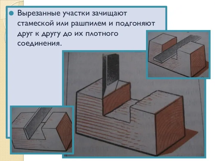 Вырезанные участки зачищают стамеской или рашпилем и подгоняют друг к другу до их плотного соединения.