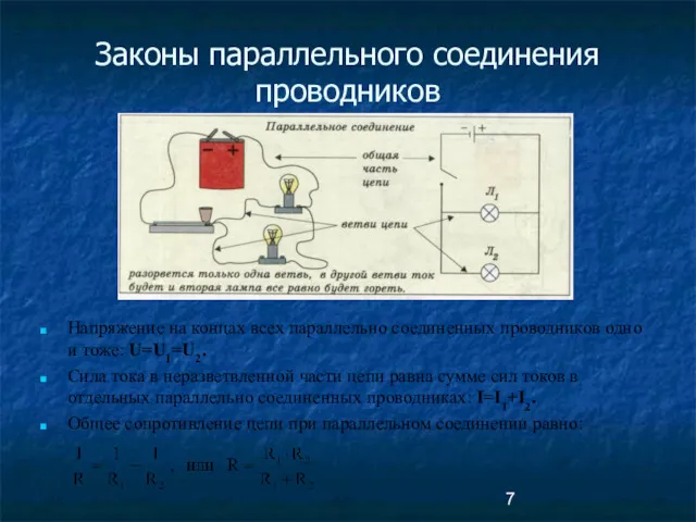 Законы параллельного соединения проводников Напряжение на концах всех параллельно соединенных