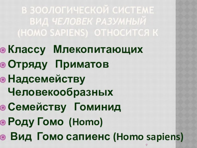 В ЗООЛОГИЧЕСКОЙ СИСТЕМЕ ВИД ЧЕЛОВЕК РАЗУМНЫЙ (HOMO SAPIENS) ОТНОСИТСЯ К