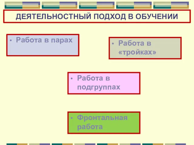 ДЕЯТЕЛЬНОСТНЫЙ ПОДХОД В ОБУЧЕНИИ Работа в парах Работа в подгруппах Работа в «тройках» Фронтальная работа