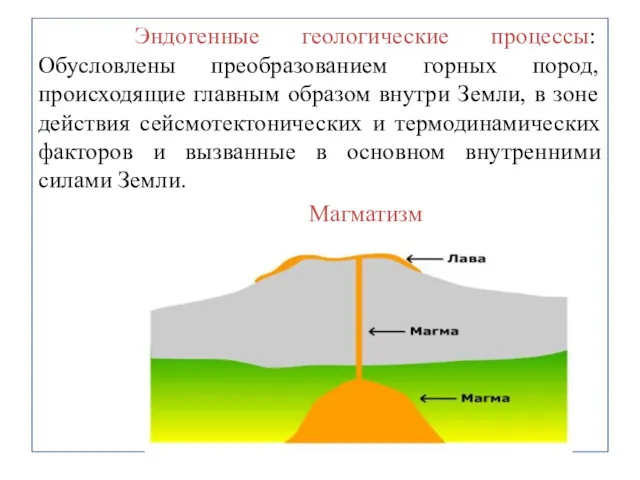 Эндогенные геологические процессы: Обусловлены преобразованием горных пород, происходящие главным образом