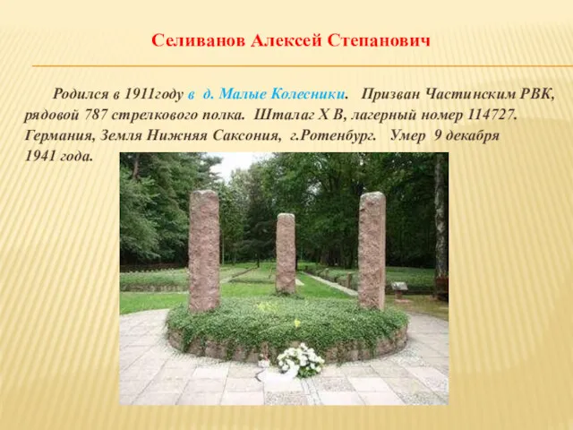 Селиванов Алексей Степанович Родился в 1911году в д. Малые Колесники.