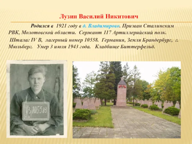 Лузин Василий Никитович Родился в 1921 году в д. Владимирово.