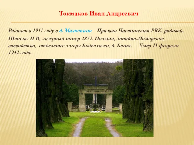 Токмаков Иван Андреевич Родился в 1911 году в д. Малютино.