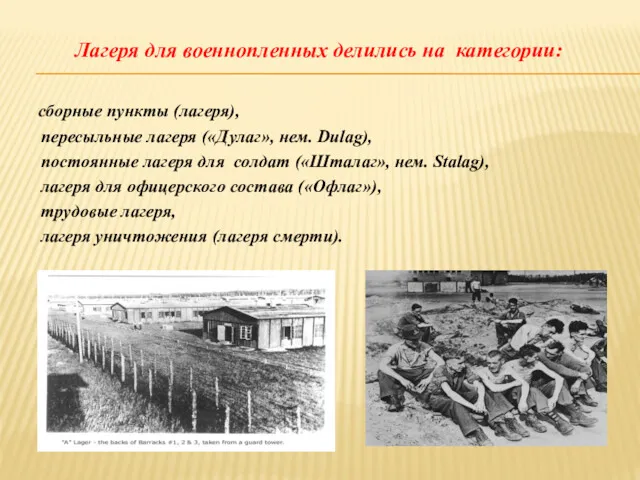 Лагеря для военнопленных делились на категории: сборные пункты (лагеря), пересыльные