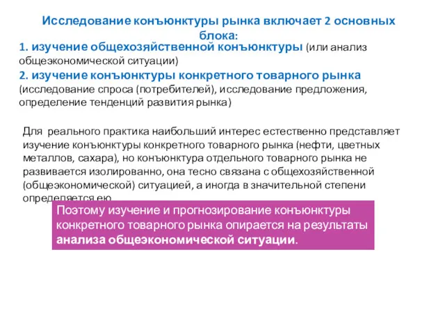 Исследование конъюнктуры рынка включает 2 основных блока: 1. изучение общехозяйственной