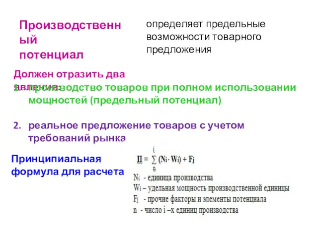 Производственный потенциал определяет предельные возможности товарного предложения Должен отразить два