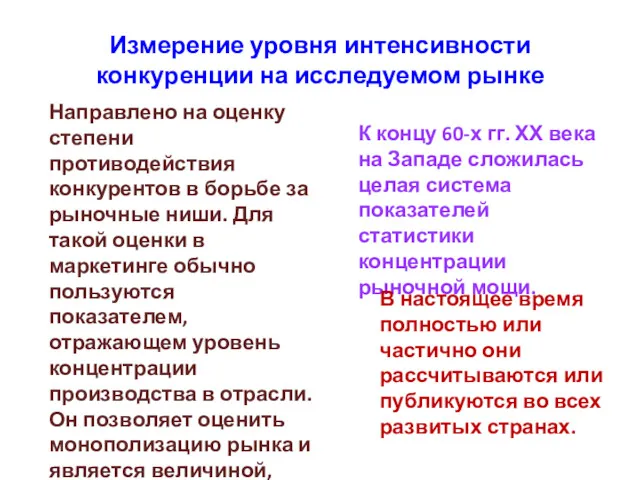 Измерение уровня интенсивности конкуренции на исследуемом рынке Направлено на оценку