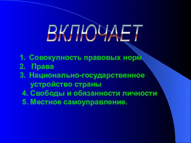 ВКЛЮЧАЕТ Совокупность правовых норм Права Национально-государственное устройство страны 4. Свободы и обязанности личности 5. Местное самоуправление.