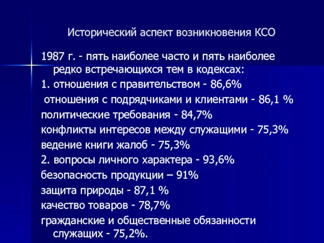 Исторический аспект возникновения КСО 1987 г. - пять наиболее часто