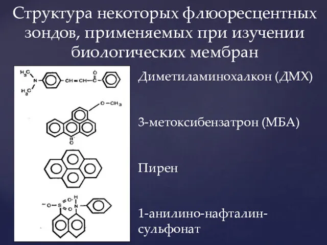 Структура некоторых флюоресцентных зондов, применяемых при изучении биологических мембран Диметиламинохалкон (ДМХ) 3-метоксибензатрон (МБА) Пирен 1-анилино-нафталин-сульфонат