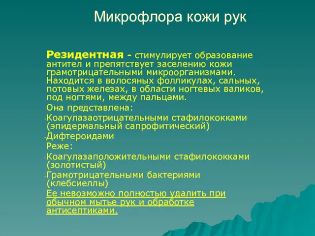 Микрофлора кожи рук Резидентная - стимулирует образование антител и препятствует