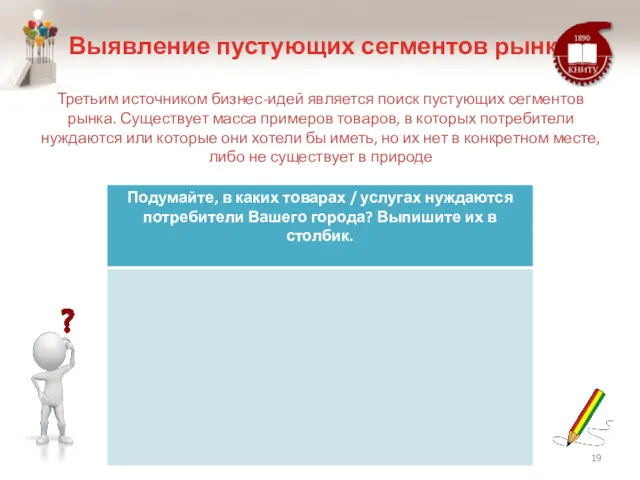 Выявление пустующих сегментов рынка Третьим источником бизнес-идей является поиск пустующих