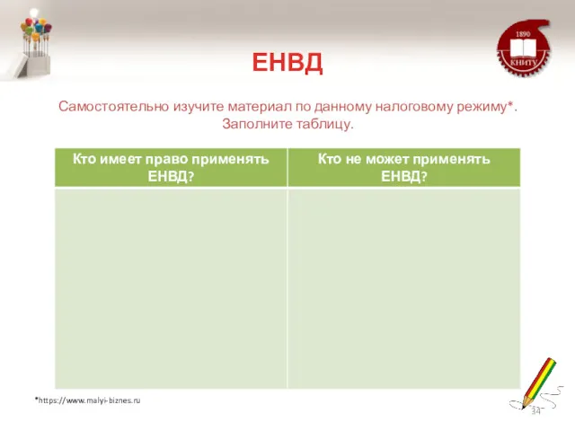 ЕНВД Самостоятельно изучите материал по данному налоговому режиму*. Заполните таблицу. *https://www.malyi-biznes.ru