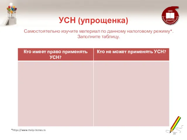 УСН (упрощенка) Самостоятельно изучите материал по данному налоговому режиму*. Заполните таблицу. *https://www.malyi-biznes.ru