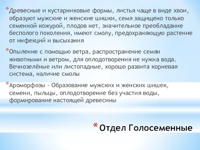 Отдел Голосеменные Древесные и кустарниковые формы, листья чаще в виде